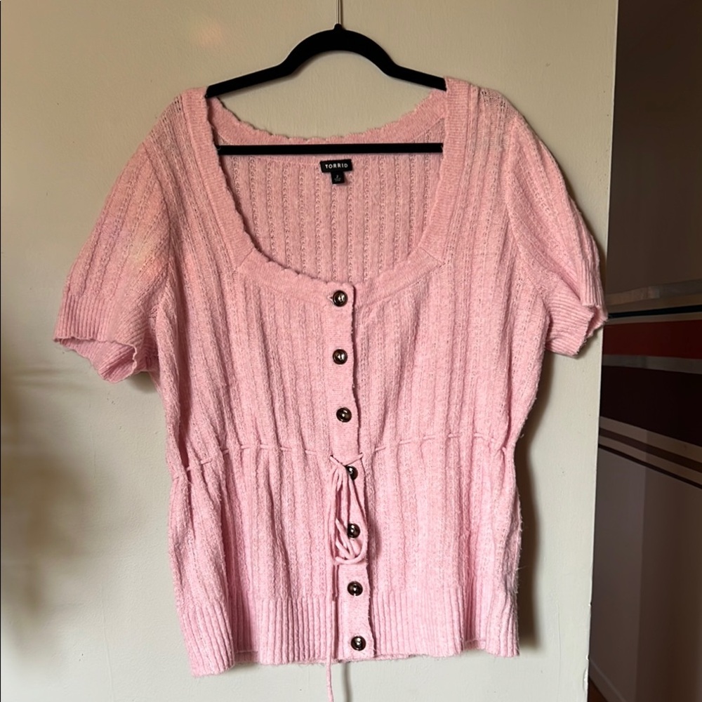 TORRID Pink Ribbed Buttoned Tie Front Blouse